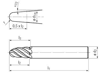 technische Zeichnung konischer Radiusfräser Typ RG75-810A