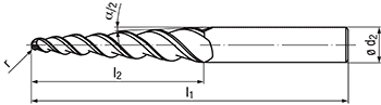 technische Zeichnung konischer Radiusfräser Typ RG72-550L